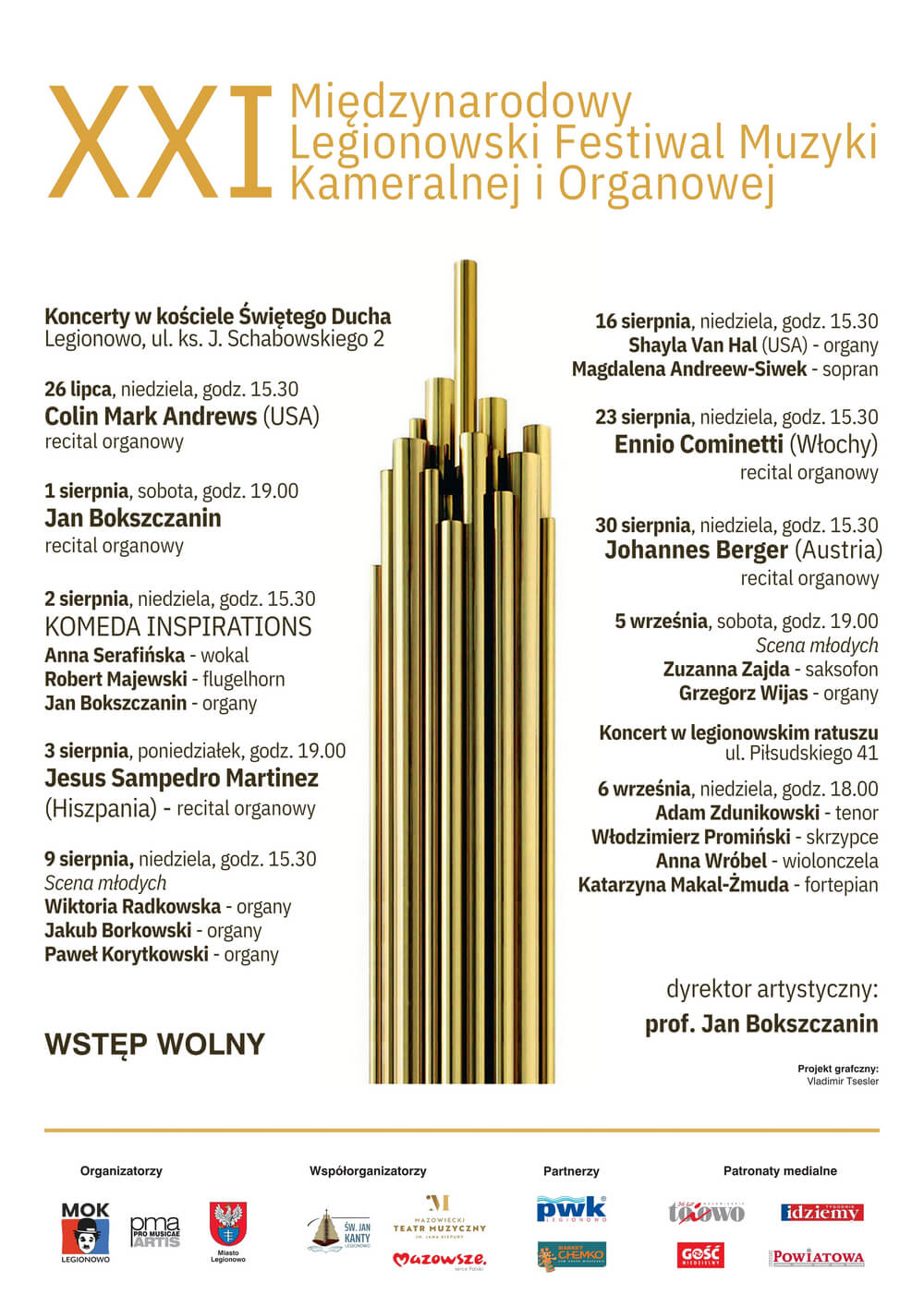 plakat festiwalu na białym tle napisy i złota wieża